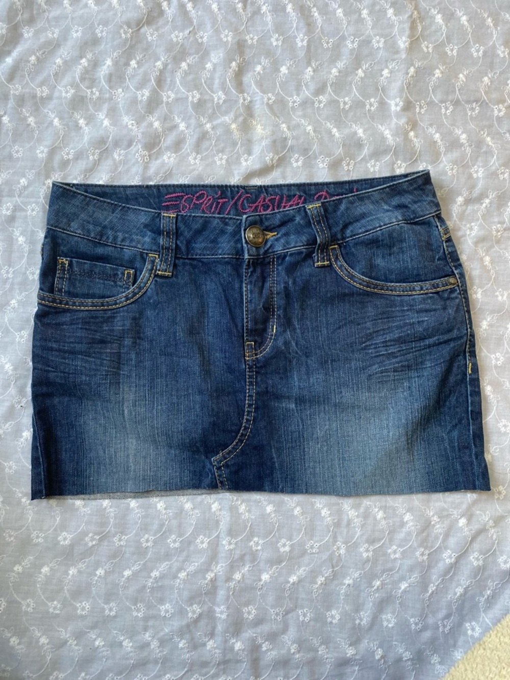 Esprit Casual Denim Mini Skirt in Blue with Pink Logo